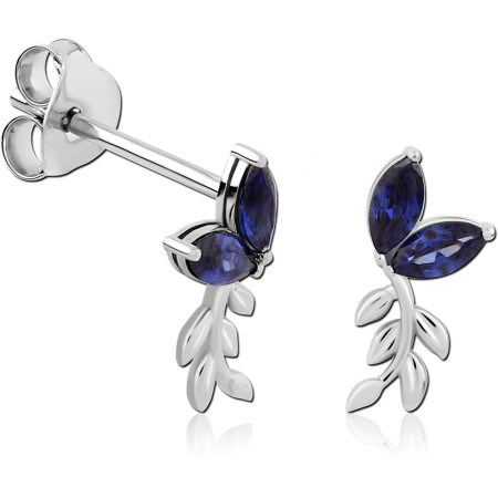 RHODIUM PLATED STERLING SILVER 925 STUD EARRINGS DOUBLE MARQUISE BLUE GEMS WITH LEAF CHARM