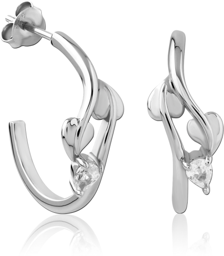 RHODIUM PLATED STERLING SILVER 925 HALF HOOP EARRINGS HEART ACCENTS WITH CLEAR PEAR GEM