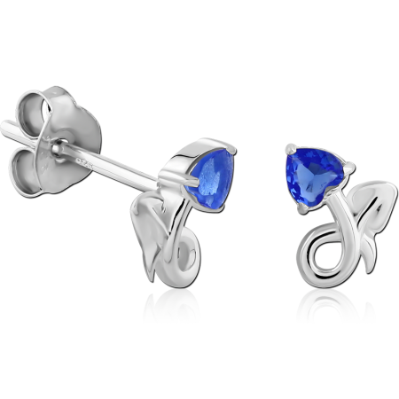 RHODIUM PLATED STERLING SILVER 925 STUD EARRINGS LEAF SWIRL WITH BLUE PEAR GEM
