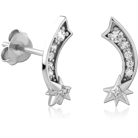 RHODIUM PLATED STERLING SILVER 925 STUD EARRINGS CURVED STAR WITH CLEAR STONES