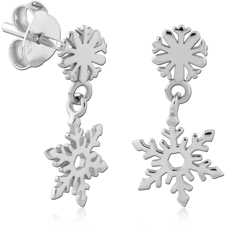 RHODIUM PLATED STERLING SILVER 925 STUD EARRINGS WITH DOUBLE SNOWFLAKE DANGLES