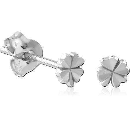 RHODIUM PLATED STERLING SILVER 925 STUD EARRINGS FOUR LEAF CLOVER