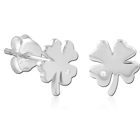 STERLING SILVER 925 STUD EARRINGS FOUR LEAF CLOVER SINGLE GEM