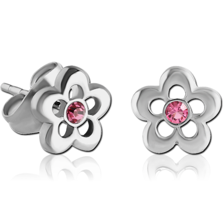316L SURGICAL STEEL STUD EARRINGS OPEN PETAL FLOWER WITH PINK CRYSTAL