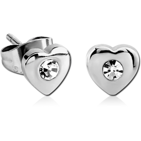 316L SURGICAL STEEL STUD EARRINGS HEART SHAPE WITH CLEAR CRYSTAL CENTER