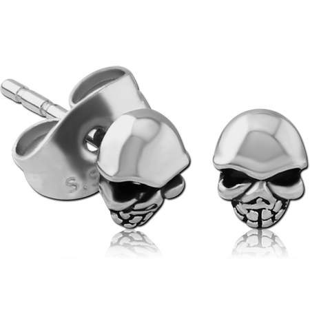 316L SURGICAL STEEL STUD EARRINGS SKULL WITH HELMET CARVED DETAIL DESIGN