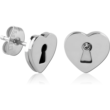 316L SURGICAL STEEL STUD EARRINGS HEART KEYHOLE CUTOUT WITH GEM PAIR