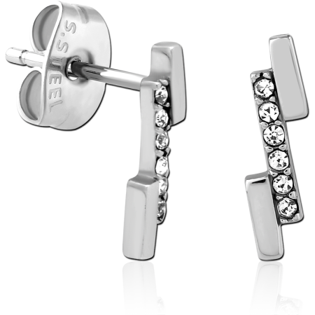316L SURGICAL STEEL STUD EARRINGS DOUBLE BAR WITH CLEAR GEM ROW