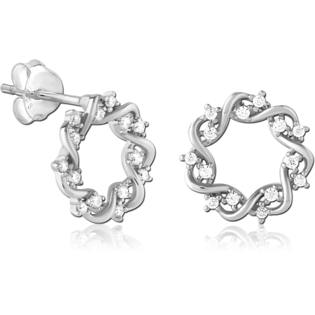 316L SURGICAL STEEL STUD EARRINGS WAVY OPEN CIRCLE WITH CLEAR GEMS
