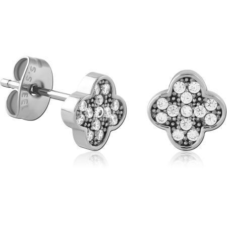 316L SURGICAL STEEL STUD EARRINGS QUATREFOIL PAVE DESIGN WITH CLEAR GEMS
