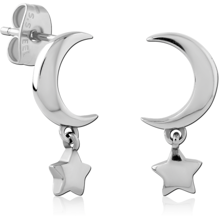 316L SURGICAL STEEL STUD EARRINGS CRESCENT MOON DESIGN WITH STAR CHARM