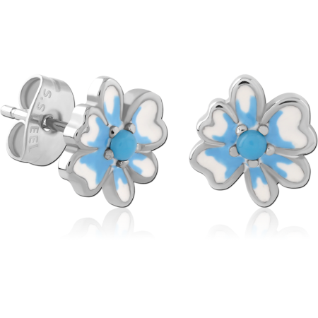 316L SURGICAL STEEL STUD EARRINGS BLUE AND WHITE ENAMEL FLOWER PETALS DESIGN