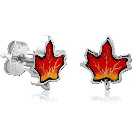 316L SURGICAL STEEL STUD EARRINGS RED YELLOW GRADIENT ENAMEL MAPLE LEAF DESIGN