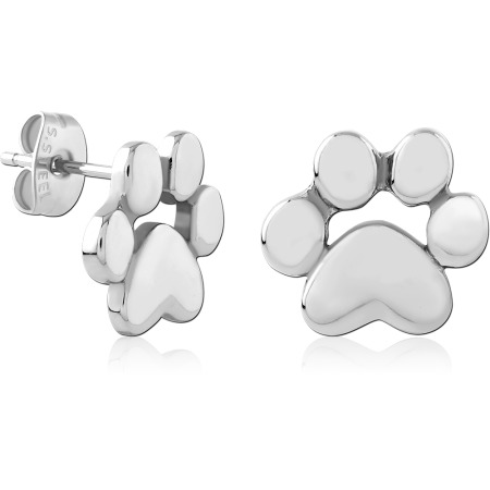 316L SURGICAL STEEL STUD EARRINGS POLISHED PAW PRINT OUTLINE DESIGN MOTIF