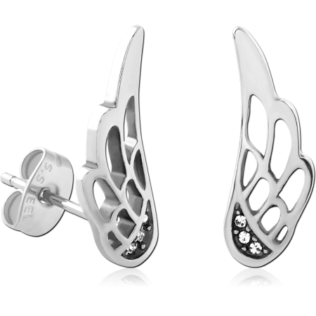 316L SURGICAL STEEL STUD EARRINGS WING CUTOUT WITH CLEAR GEM ACCENTS