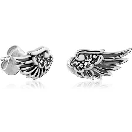 316L SURGICAL STEEL STUD EARRINGS ANGEL WING WITH CLEAR GEM ACCENTS