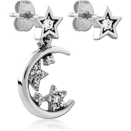 316L SURGICAL STEEL STUD EARRINGS STAR GEM TOP WITH CRESCENT MOON AND STARS CHARM
