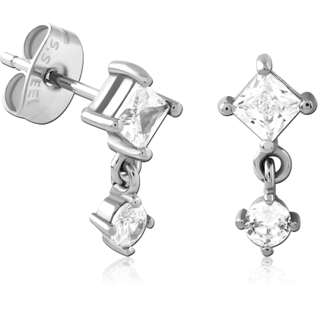 316L SURGICAL STEEL STUD EARRINGS PRINCESS CUT GEM WITH ROUND GEM DANGLE