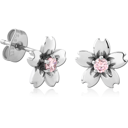316L SURGICAL STEEL STUD EARRINGS FLOWER WITH PINK GEM CENTER PETAL DESIGN