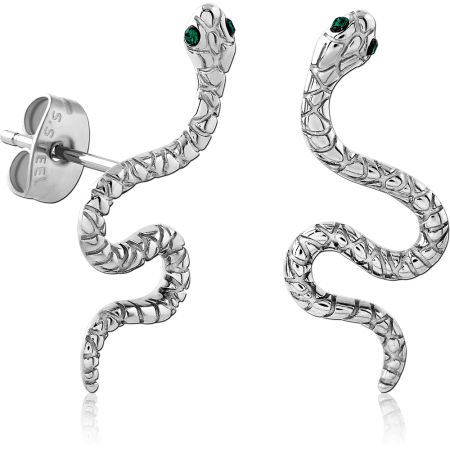 316L SURGICAL STEEL STUD EARRINGS SNAKE DESIGN WITH GREEN GEM EYES