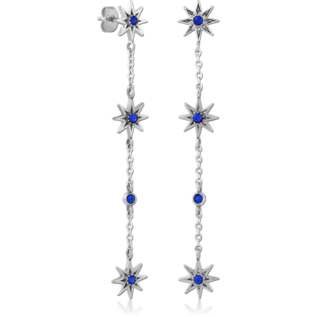 316L SURGICAL STEEL DROP EARRINGS STAR AND CHAIN DESIGN WITH BLUE GEMS