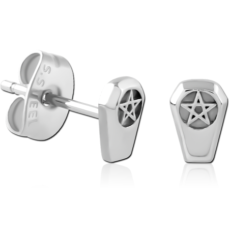 316L SURGICAL STEEL STUD EARRINGS COFFIN SHAPE WITH PENTAGRAM STAR DESIGN