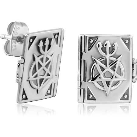 316L SURGICAL STEEL STUD EARRINGS SPELL BOOK DESIGN WITH PENTAGRAM SYMBOL