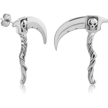 316L SURGICAL STEEL STUD EARRINGS SCYTHE DESIGN WITH SKULL DETAIL ACCENTS