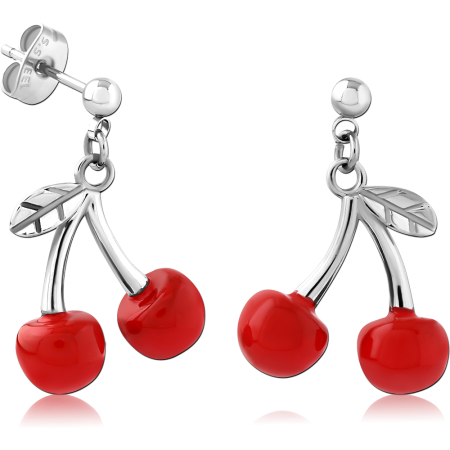 316L SURGICAL STEEL DROP EARRINGS DOUBLE CHERRY DANGLE WITH RED ENAMEL