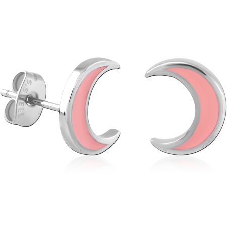 316L SURGICAL STEEL STUD EARRINGS OPEN CRESCENT PINK ENAMEL INLAY