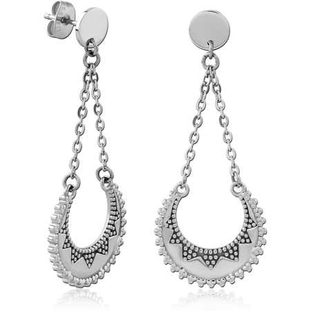 316L SURGICAL STEEL DANGLE EARRINGS DOUBLE CHAIN WITH ORNATE CRESCENT CHARM