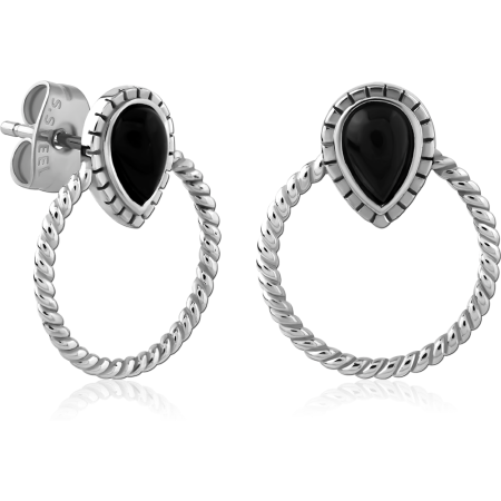 316L SURGICAL STEEL DANGLE EARRINGS TEARDROP BLACK CABOCHON WITH TWISTED HOOP