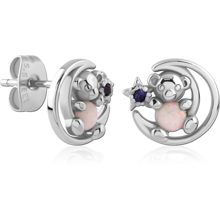 316L SURGICAL STEEL STUD EARRINGS BEAR AND MOON WITH OPAL AND PURPLE CRYSTAL