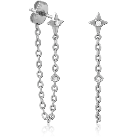 316L SURGICAL STEEL DANGLE EARRINGS STAR STUD CHAIN WITH CLEAR CRYSTALS