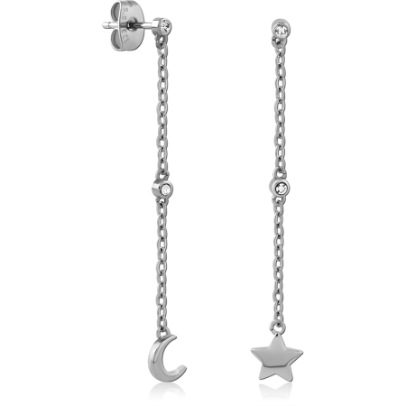 316L SURGICAL STEEL DANGLE EARRINGS CLEAR CRYSTALS WITH MOON AND STAR CHARMS