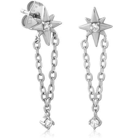 316L SURGICAL STEEL DANGLE EARRINGS STARBURST DOUBLE CHAIN WITH CLEAR CRYSTALS