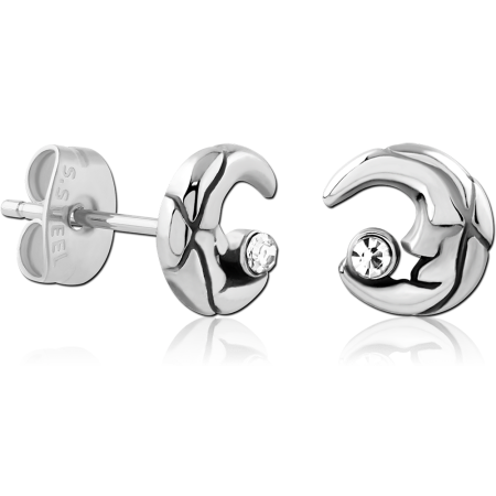 316L SURGICAL STEEL STUD EARRINGS CRESCENT MOON FACE WITH CLEAR CRYSTAL