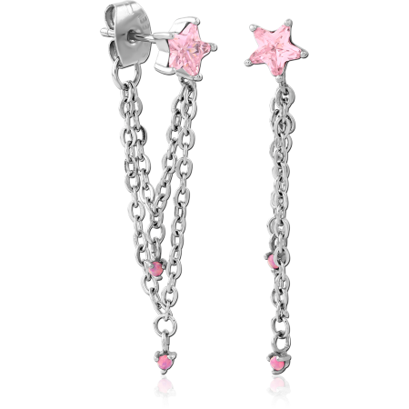 316L SURGICAL STEEL DANGLE EARRINGS PINK STAR CRYSTAL DOUBLE CHAIN BEAD ACCENTS