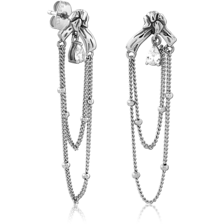 316L SURGICAL STEEL STUD EARRINGS BOW TOP WITH DOUBLE CHAINS AND TEARDROP GEM