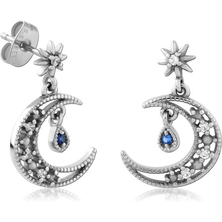 316L SURGICAL STEEL STUD EARRINGS STAR AND CRESCENT WITH BLUE TEARDROP GEM