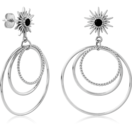316L SURGICAL STEEL STUD EARRINGS STARBURST TOP WITH TRIPLE HOOP RINGS DANGLE