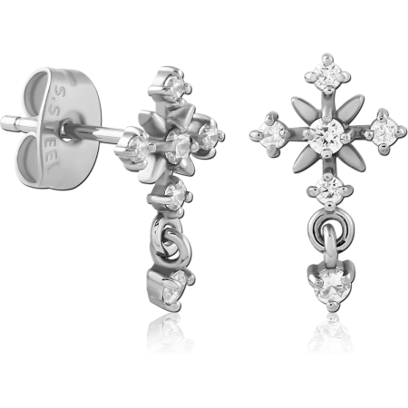 316L SURGICAL STEEL STUD EARRINGS CRYSTAL CLUSTER CROSS WITH DANGLING CROSS CHARM