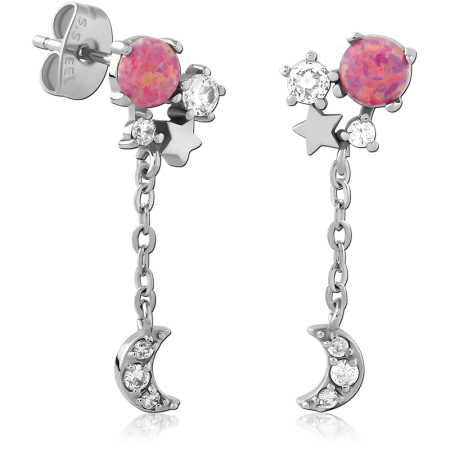316L SURGICAL STEEL STUD EARRINGS PINK OPAL STAR WITH CRESCENT MOON DANGLE