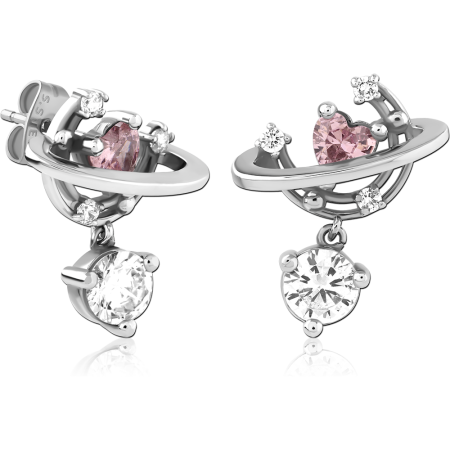 316L SURGICAL STEEL STUD EARRINGS PINK HEART PLANET WITH DANGLING ROUND GEM