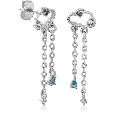 316L SURGICAL STEEL STUD EARRINGS CLOUD TOP WITH DOUBLE CHAINS AND TEARDROP GEMS