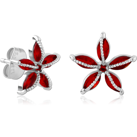 316L SURGICAL STEEL STUD EARRINGS SIX PETAL FLOWER WITH RED MARQUISE GEMS