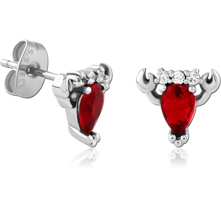 316L SURGICAL STEEL STUD EARRINGS RED TEARDROP GEM WITH CRYSTAL ACCENT CROWN