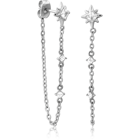 316L SURGICAL STEEL STUD EARRINGS STAR TOP CHAIN DROP WITH SQUARE GEMS