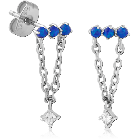 316L SURGICAL STEEL STUD EARRINGS BLUE OPAL DOUBLE TOP TWIN CHAIN WITH SQUARE GEM