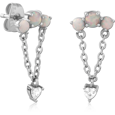 316L SURGICAL STEEL STUD EARRINGS WHITE OPAL TRIPLE TOP TWIN CHAIN WITH HEART GEM
